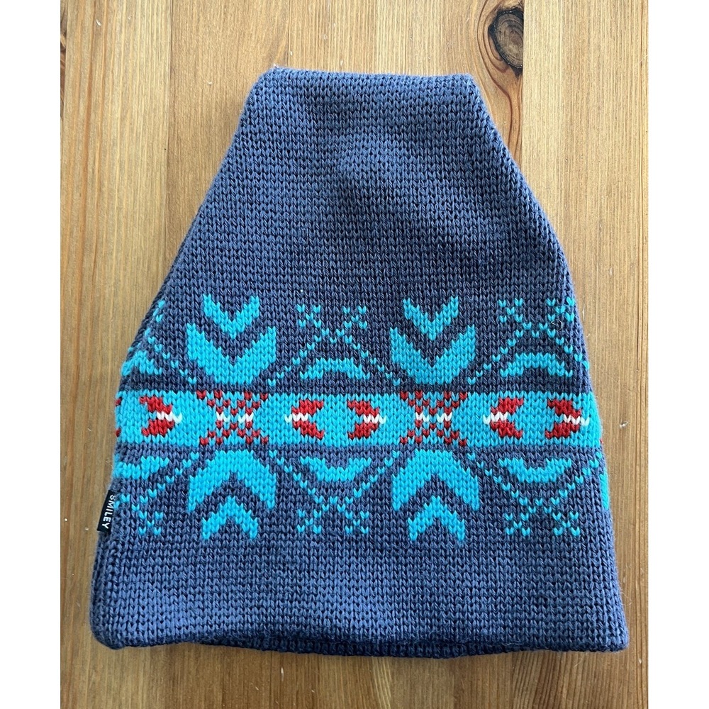 Smiley Beanie Hat Wool Blue Aztec Knit Made In Sparks Nevada USA